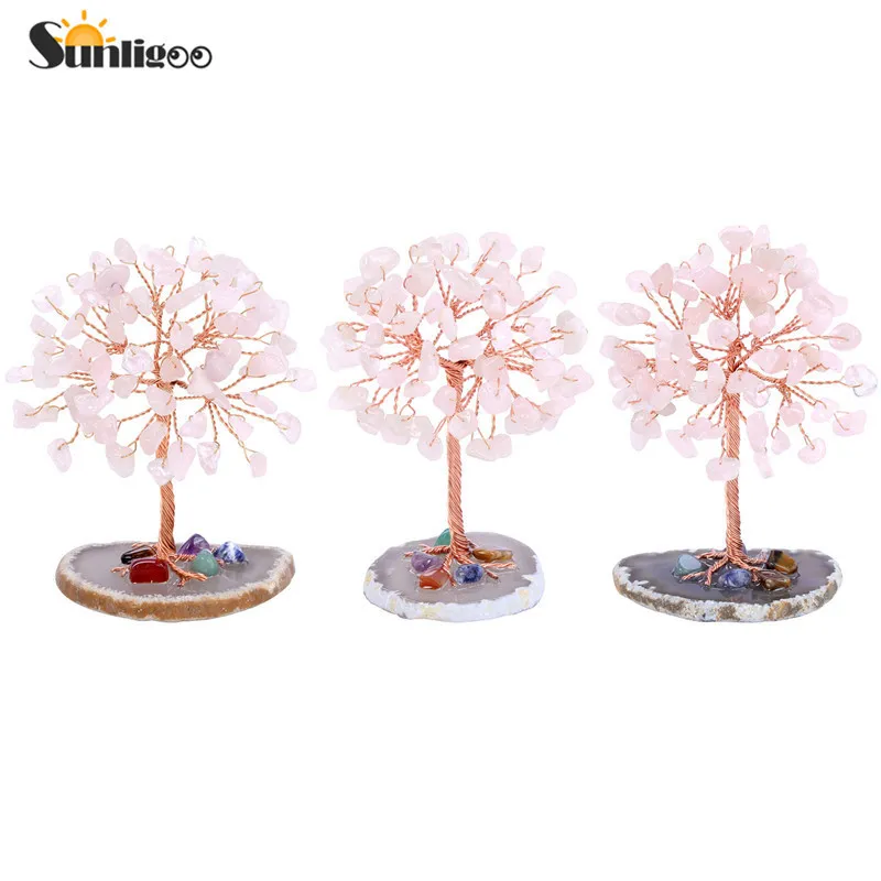 Sunligoo Super Mini Crystal Money Tree Copper Wire Wrapped W Agate Slice Base Gemstone Reiki Chakra Feng Shui Trees Home Decor 220609