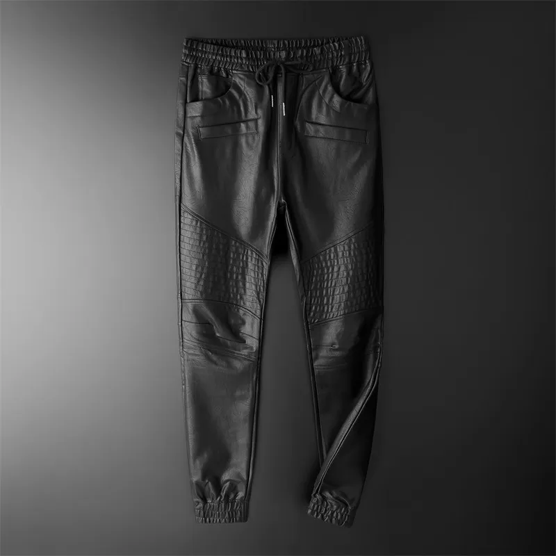 Thoshine marque hommes pantalons en cuir de qualité supérieure taille élastique pantalons de jogging poche de moto pantalons en simili cuir sarouel 220509