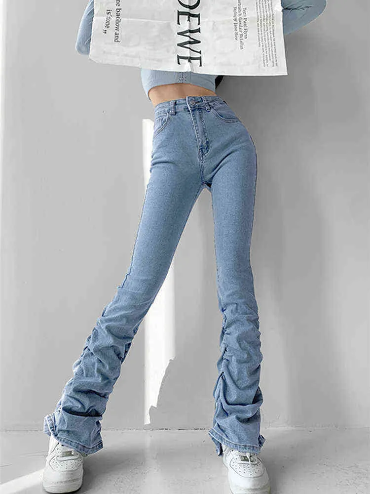 Mucchio di jeans slim fit blu pieghettati Primavera Estate da donna Nuovo stile semplice Pantaloni sottili a vita alta con lavaggio Pantaloni in denim femminile T220728