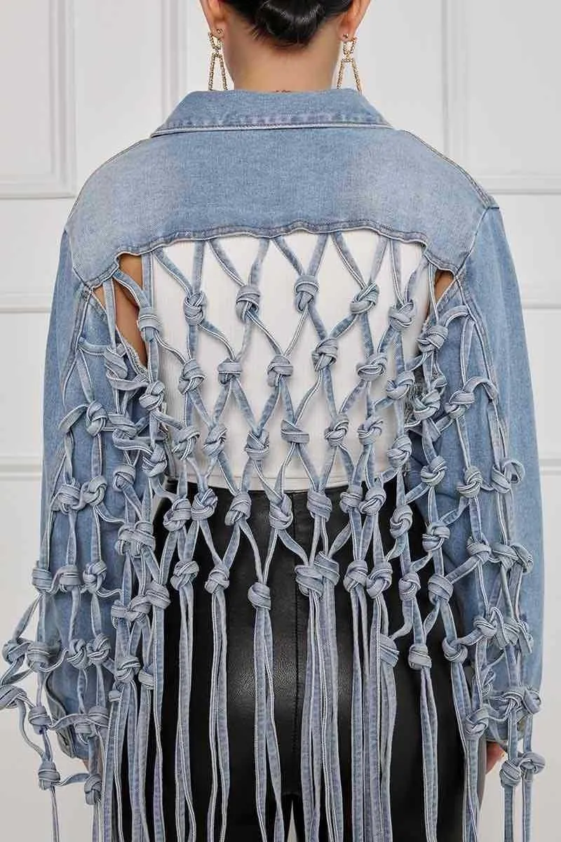 Donna Autunno Fit Crop Top Indietro Griglia Nappa Design Manica lunga Jean Cappotto Donna Casual Street Plus Size Giacca di jeans 220816