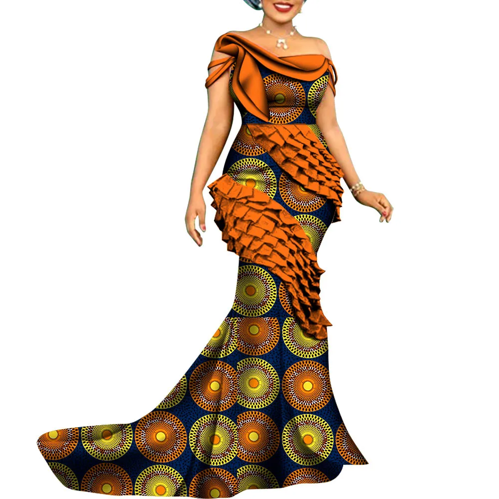 BintarealWax新しいカスタムアフリカのイブニングドレス女性バジンダッシュリー床の長さアフリカプリントコットンレディースマーメイドパーティードレスWY8806