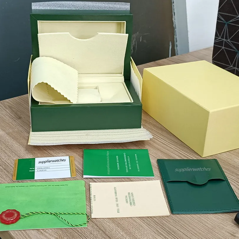 Cas de luxe Designer Boîtes de qualité supérieure Boîte de montre vert foncé Cadeau Woody Case pour montres Rolex Livret Étiquettes de cartes et papiers Eng302C