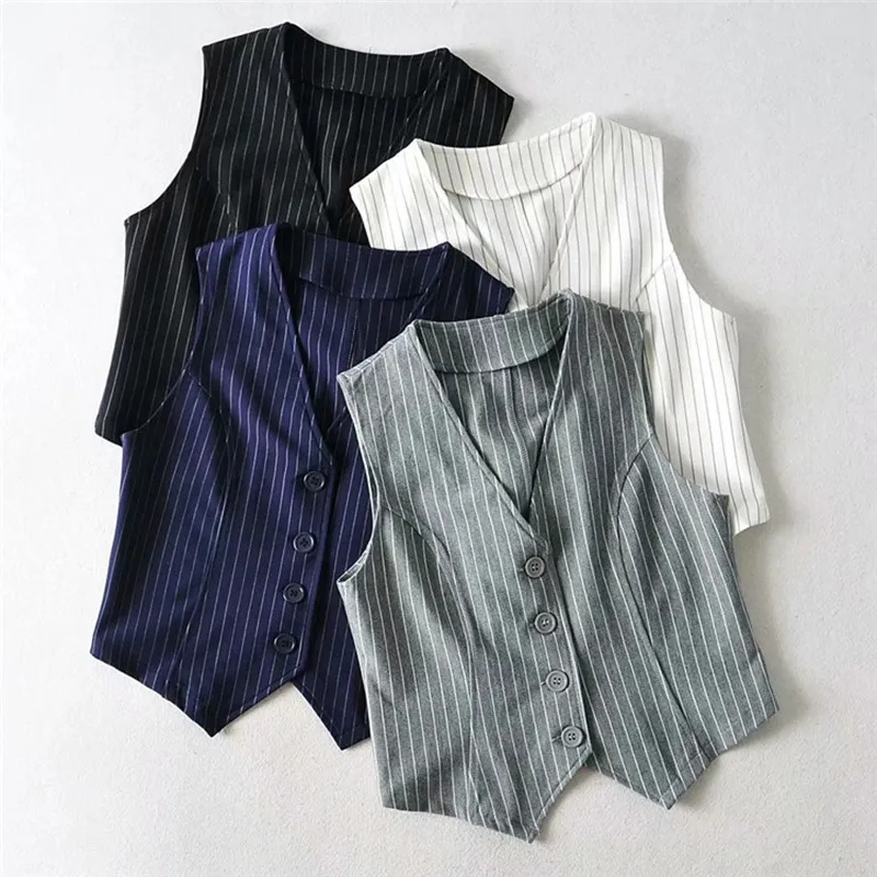 Women's Vest Blazers Striped Crop Tops and Blouses Single Breasted Sleeveless Femme Tanks Vintage Slim V neck Fashion Spring Top 220402