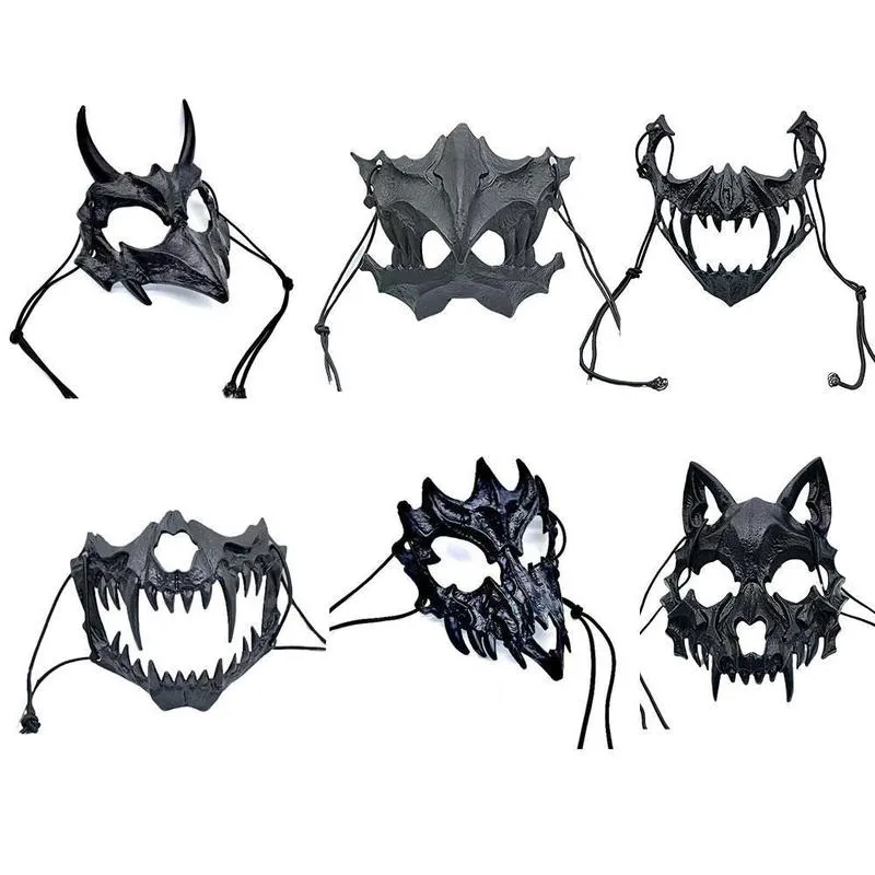 Party Demon Samurai Dragon Bone Yasha Tengu Tiger Skull Half Face Cover Cover Halloween Masquerade Cosplay Mask Prop 220707