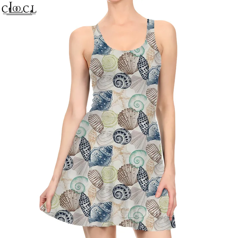 Women Dress Sea Shells 3D Tryckt miniklänning för mode kvinnliga casual ärmlösa klänningar Summer Beach Dress 220616