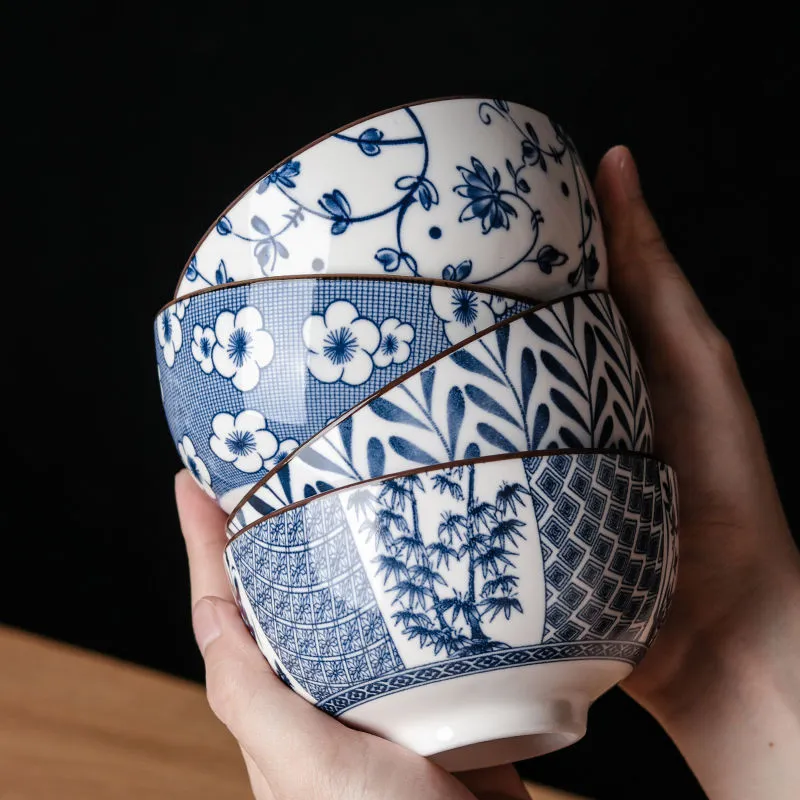 Retro Ceramic Bowl Household Rice Noodle Bowl Creative Blue And White Porcelain Soup Bowl Underglaze Tableware Set 220408