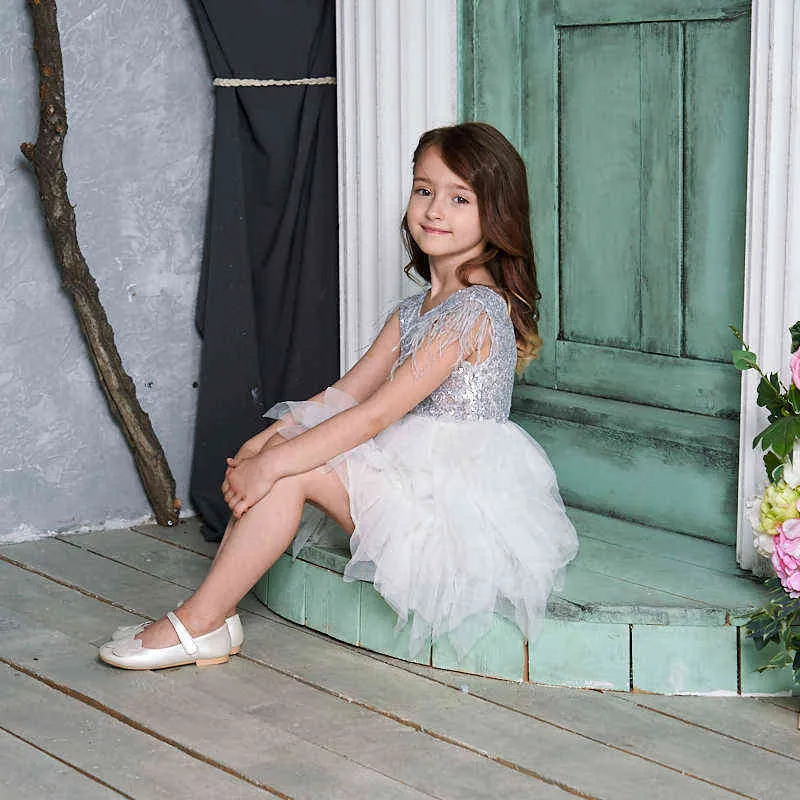 Feather Sequins Girls Dress Tiered Fluffy Tulle Party Kids Princess Dresses for Girls Baby Clothes 2-10Y E13846