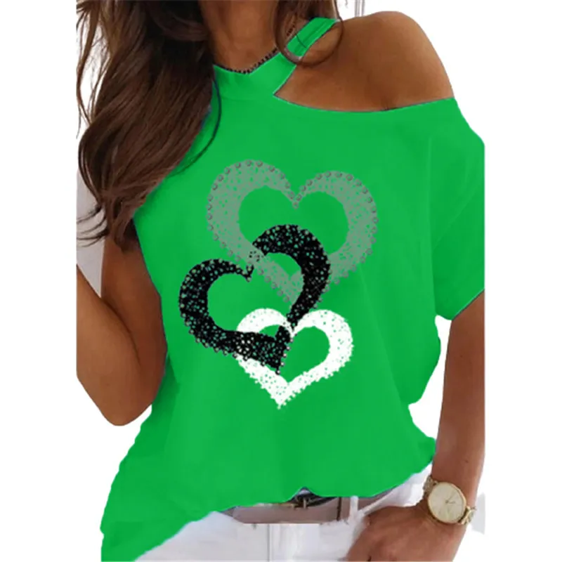 Summer Heart Print T-shirt Kobiety seksowne białe topy na ramię swobodne tshirty o krótkim rękawie o modzie TShirty Street Trees 220511