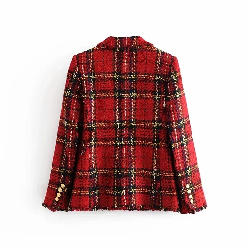 Red Plaid Blazer Women Springautumn Vintage Tweed Suits Jackets Office Ladies Chic Slim Blazers Girls Tassel Tops Coat 220810