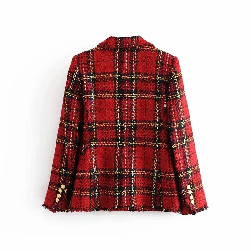 Red Plaid Blazer Women Spunautumn Vintage Tweed Suits Jackets Office Ladies Chic Slim Blazers Girls Tassel Topps Set Coat 220810