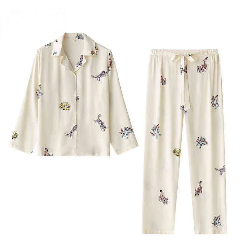 Spring and Autumn Women Fashion High-end Homewear Suit Satin Cartoon White Black Cat Pajamas Long-sleeved Trousers Woman Pijama L220803