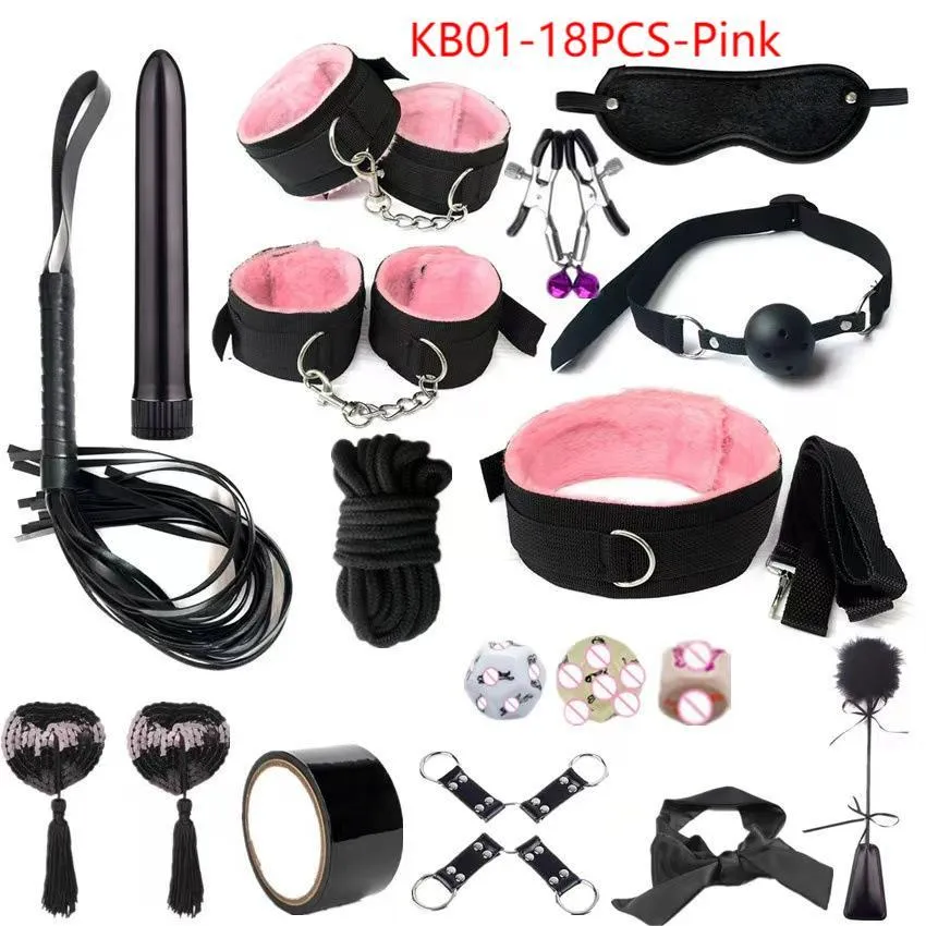 Beauty Items Adult SM BDSM Kits Adults sexy Toys For Women Handcuffs Whip Nipple Clamps Spanking Metal Anal Plug Vibrator Pink