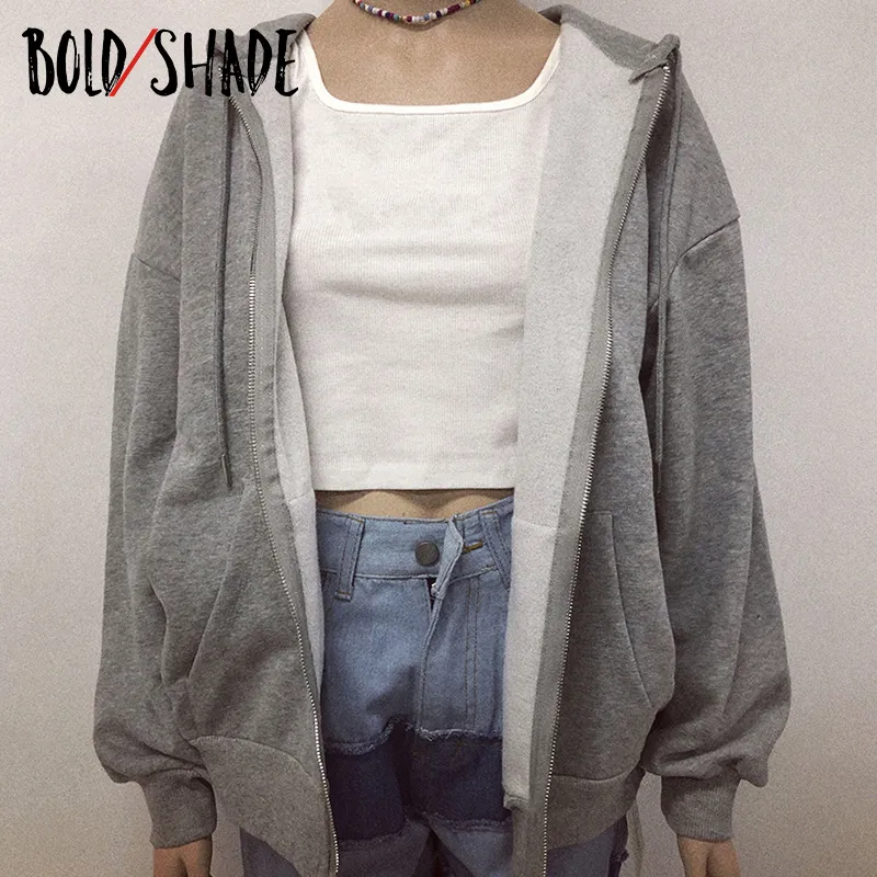 Bold Shade Indie 90s Streetwear Fashion Hoodies Women Grunge Unicolor Sweatshirts Long Sleeve Pockets Zipper Y2K Hoody Outwear 220722