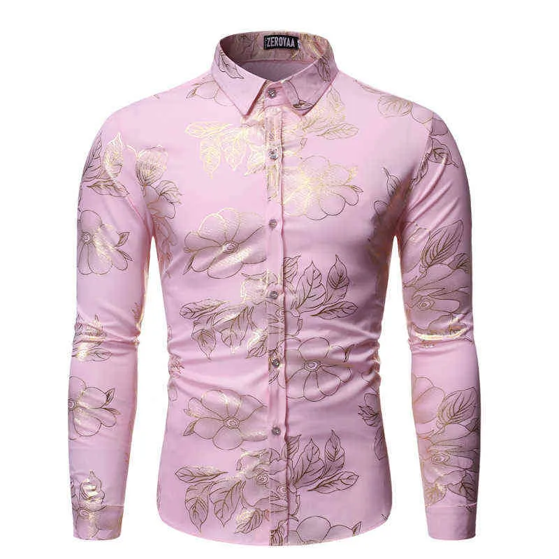 Camicia da stampa a stampa floreale rosa 2022 marca lussuosa bronzing manica lunga chimica homme da uomo da notte camicia da smorciatura da smorl