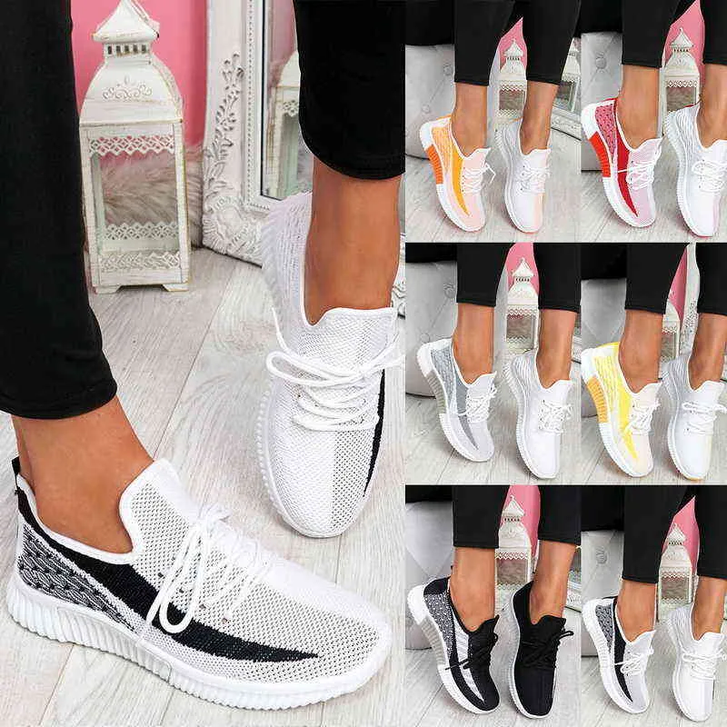 2022 été femmes mode maille respirant chaussures baskets plates couleur mélangée décontracté vulcanisé Femme Sport appartements chaussures de course Y220526
