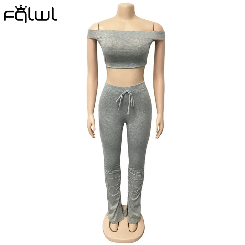 FQLWL 2 deux pièces ensemble femmes été rose tenues épaules dénudées haut court pantalon empilé Leggings correspondant dames survêtement 220613