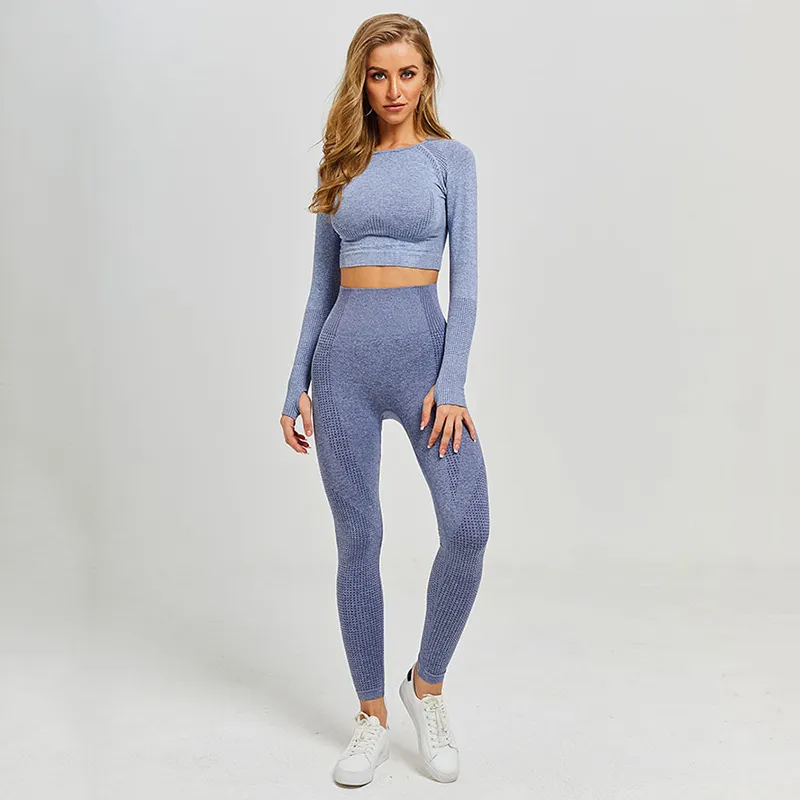 Women Vital Seamless Yoga Set Gym Clothing Fitness Leggings+Cropped Shirts Sport Suit Women Long Sleeve Tracksuit Active Wear 220513