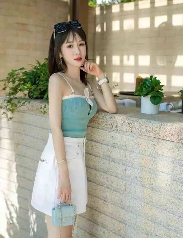 Small fragrance sexy bottomed Knitted Top bow elastic small suspender sweet vest spring and summer new women
