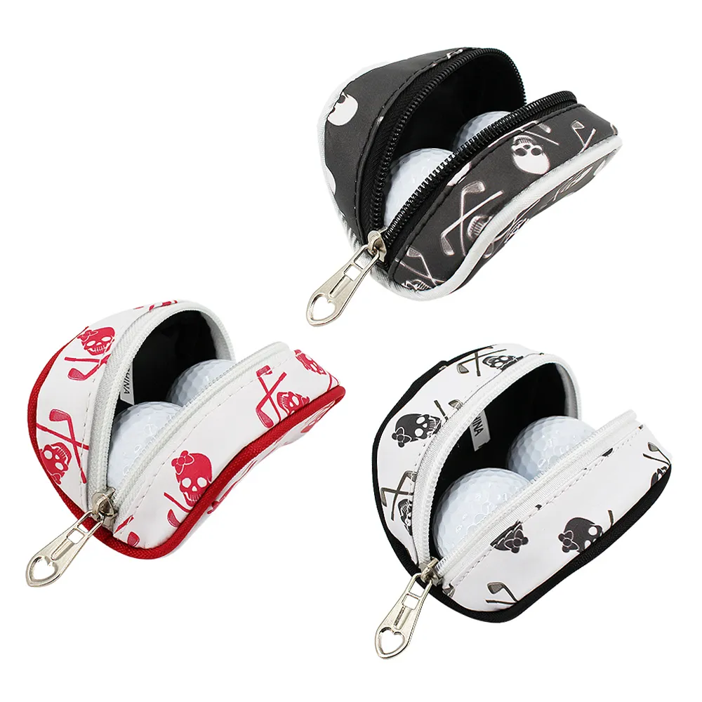 Mini Golf Ball Bag Tees Holder Skull Design Pu Leather Golf Midje Pouch Storage Bag Container dragkedja Stängning CARABINER