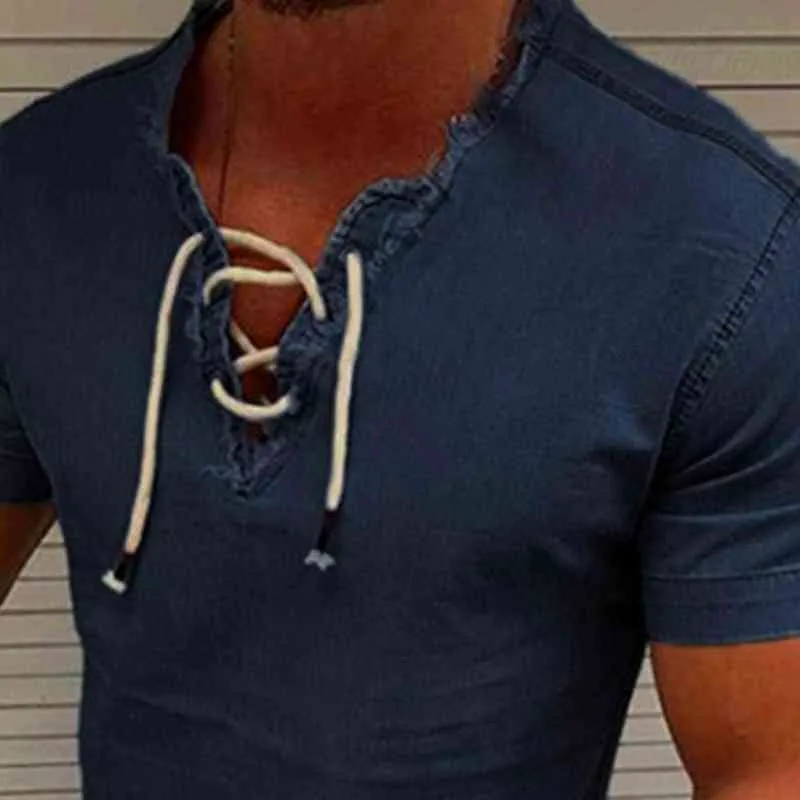 Übergroße Männer Casual T-shirt V-ausschnitt Spitze-up T Sommer Denim Einfarbig Kurzarm Schlank Sport Tops 2022 y220426