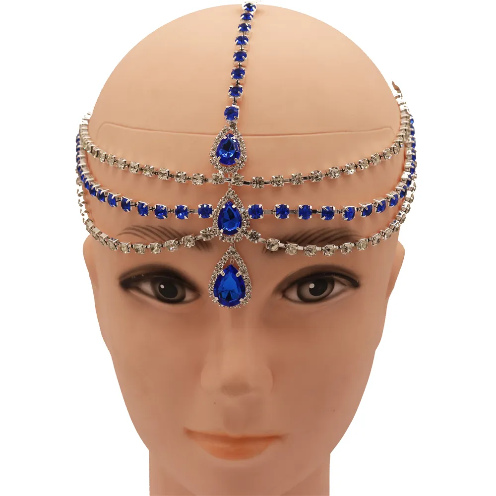 Collana con pendente a goccia d'acqua con gemma blu bohémien, catena donna, cena feste, catena multistrato con strass sulla fronte, regalo di gioielli squisiti