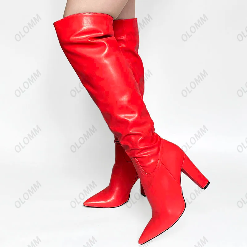 Олом итальянский стиль женщины зимние коленные сапоги Мэтт блок каблуки указанные ноги обнаженные черные красные бутиковые туфли нами размером 5-15