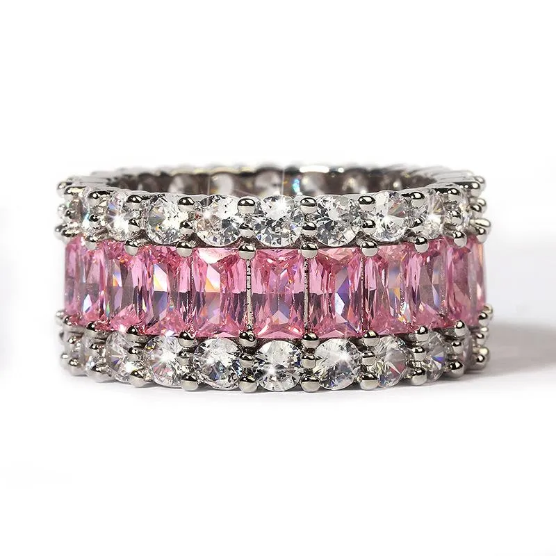 Anillos de racimo Eternity Pink Sapphire Diamond Ring 925 Sterling Silver Bijou Compromiso Banda de boda para mujeres Nupcial Fine Party Je3043