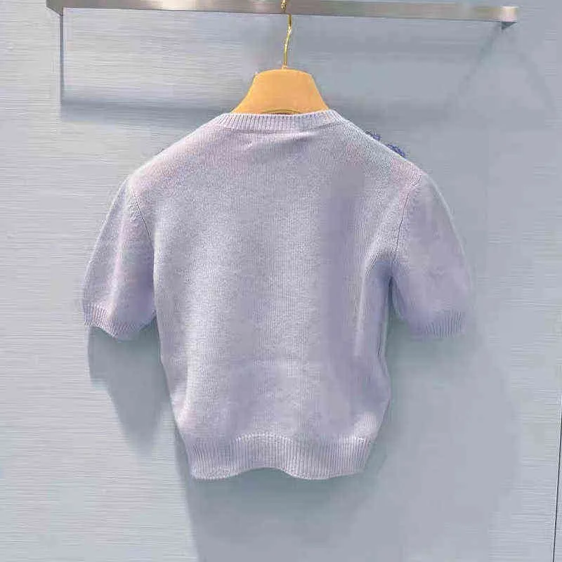primavera nueva suéter de cuentas de manga corta de diamante delgada de diamante de lavanda de cuello redondo
