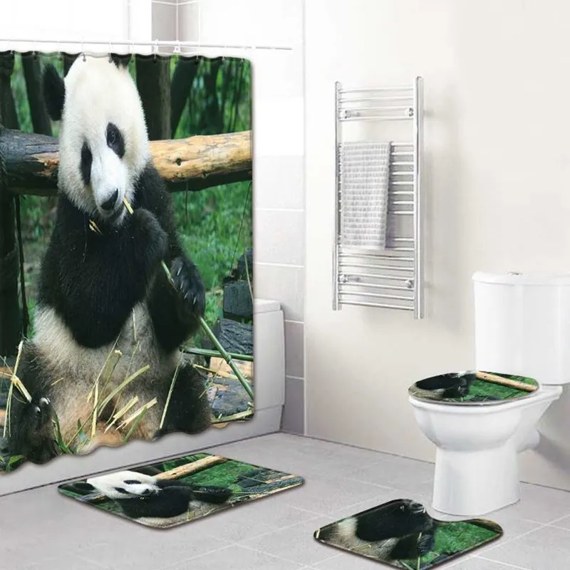 Zwierząt Panda Print Print Curtain Cover Mata Zabawne pokrowce na toaletę Zestaw łazienki Zestaw łazienki Non Slip Dywan 220429
