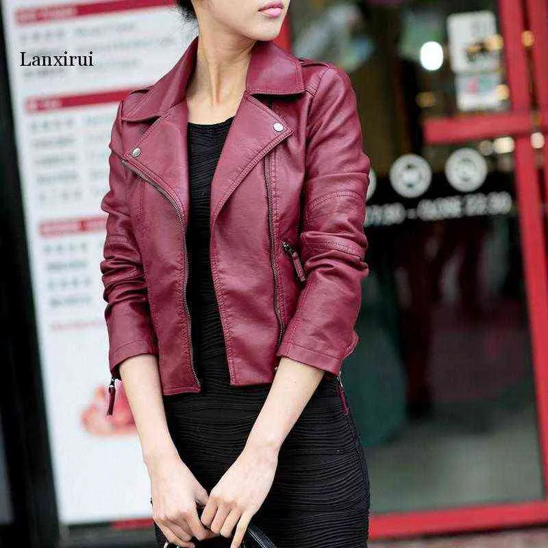 Femme Cuir Lederjacke Frauen Schlank Schwarz Rot Mode Mehrere Reißverschlüsse Leder Mäntel Damen PU Biker Frau Jacken L220728