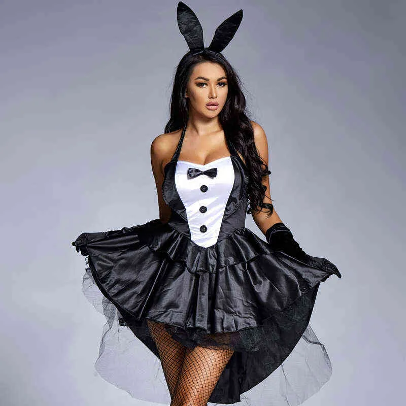 Halloween Kobiety Cosplay Come Pink and Black Sexy Bunny Girl Tuxedo Club Party Fancy Dress Plus Size L220609