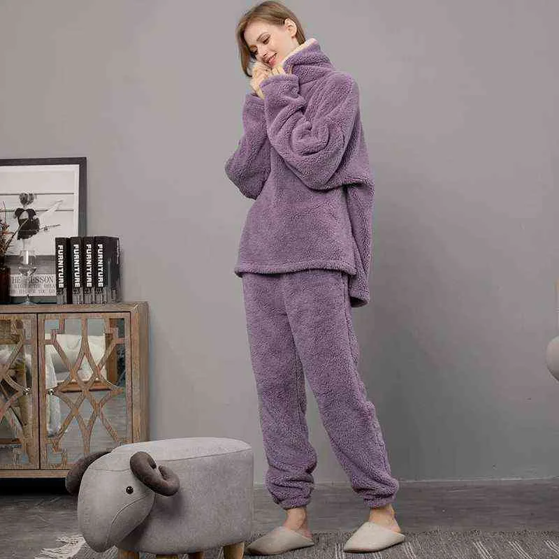 Fleece Pyjama Set Women Solid Long Sleeves Winter Terry Fabric Ladies Pijama Suit With Long Pants Thick Warm Home Clothes Female L220803