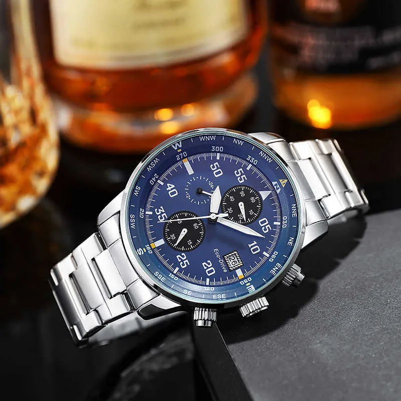 Eco-drive chronographe homme luxe affaires Bracelet en acier inoxydable calendrier montre à Quartz 261p