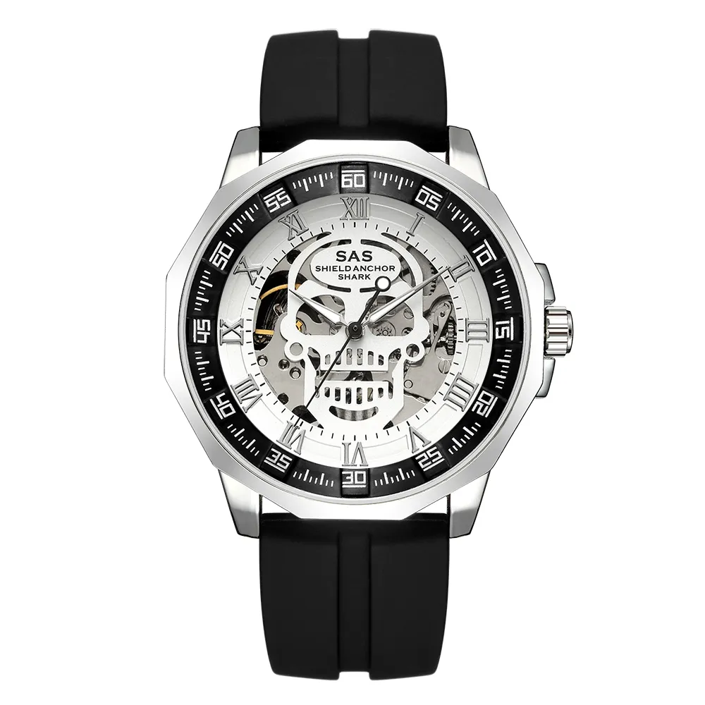 サメスポーツウォッチメンズファッション 3D スカルデザイン SAS シールドアンカーヴィンテージ機械式時計シリコンストラップスケルトン腕時計