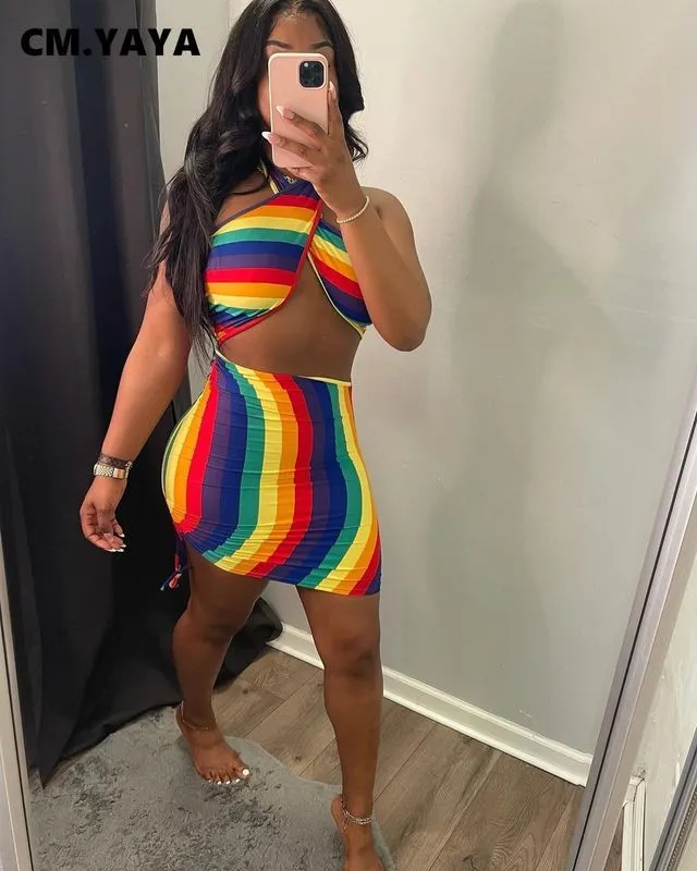 cm.yaya Rainbow Striped Tie Dye Halter Neck Backless Women's Mini Dress Sexy Night Party Clubwear Bodycon Midi Pencil Dresses 220516