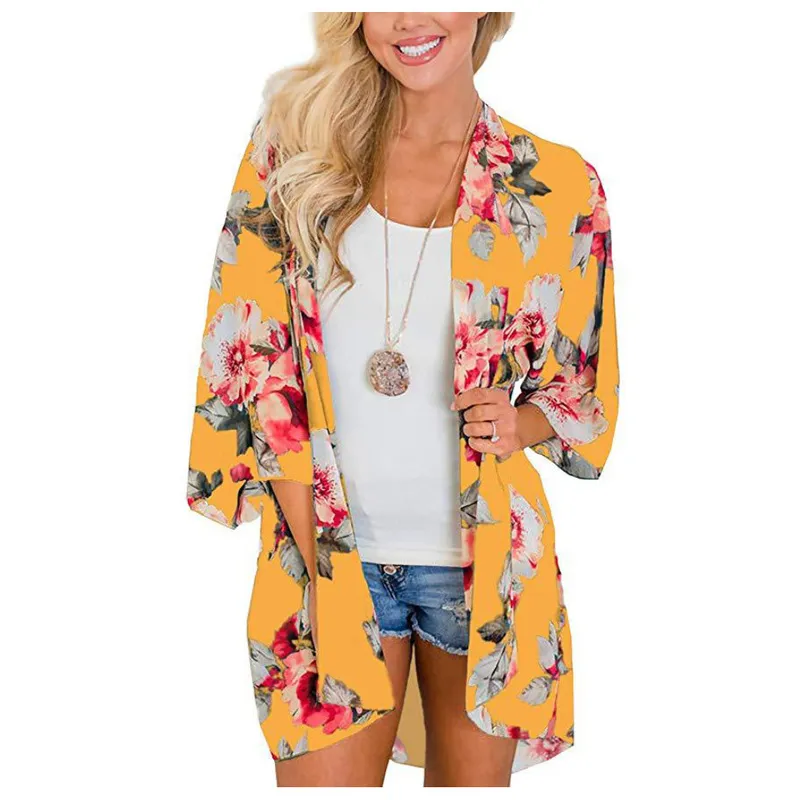 Kvinnor Floral Leopard Print Half Sleeve Shawl Chiffon Kimono Beach Cardigan Bikini Cover Up Wrap Beachwear Outdoor Anti UV Coat 220524