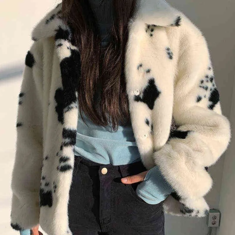 Women Short Plush Jacket Thick Black And White Spots Korean Calf Pattern Imitation Mink Jacket Female dent Jacket new L220725