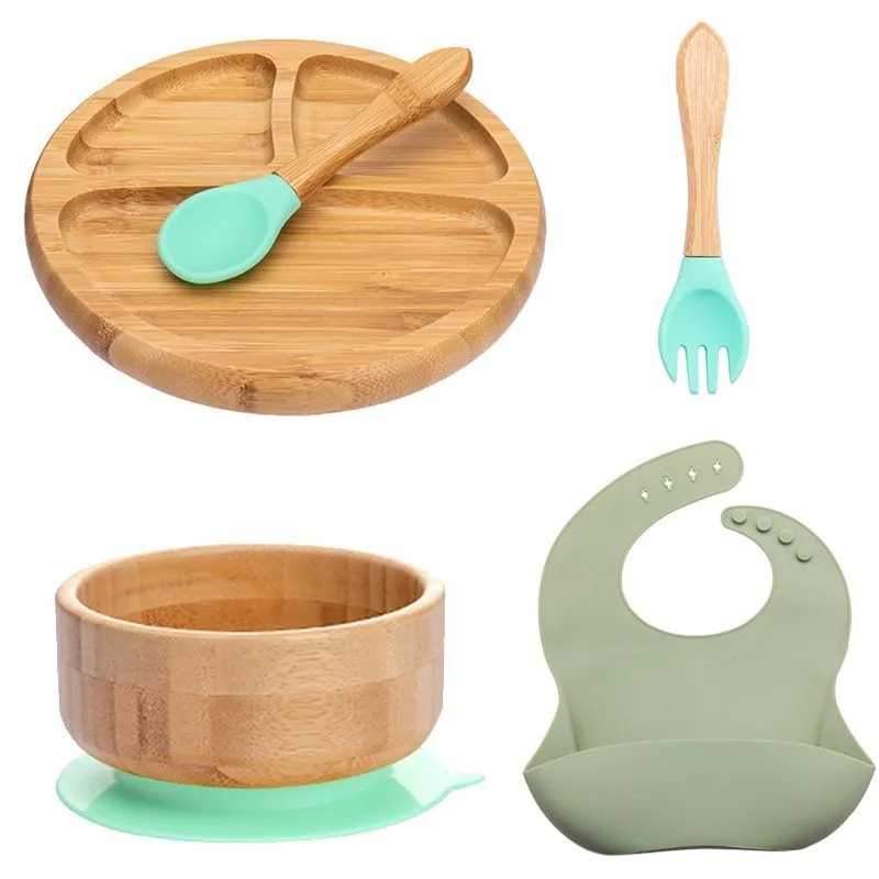 5 pièces/ensemble bol d'alimentation pour bébé assiette à dîner bavoir fourchette cuillère enfants alimentation dessin animé vaisselle bambou bois antidérapant vaisselle pour enfants 220512