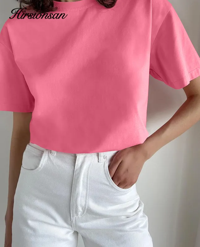 Hirsionsan 기본 코튼 T 셔츠 여성 여름 느슨한 솔리드 티 19 색 캐주얼 느슨한 티셔츠 대형 O 넥 여성 탑 220408