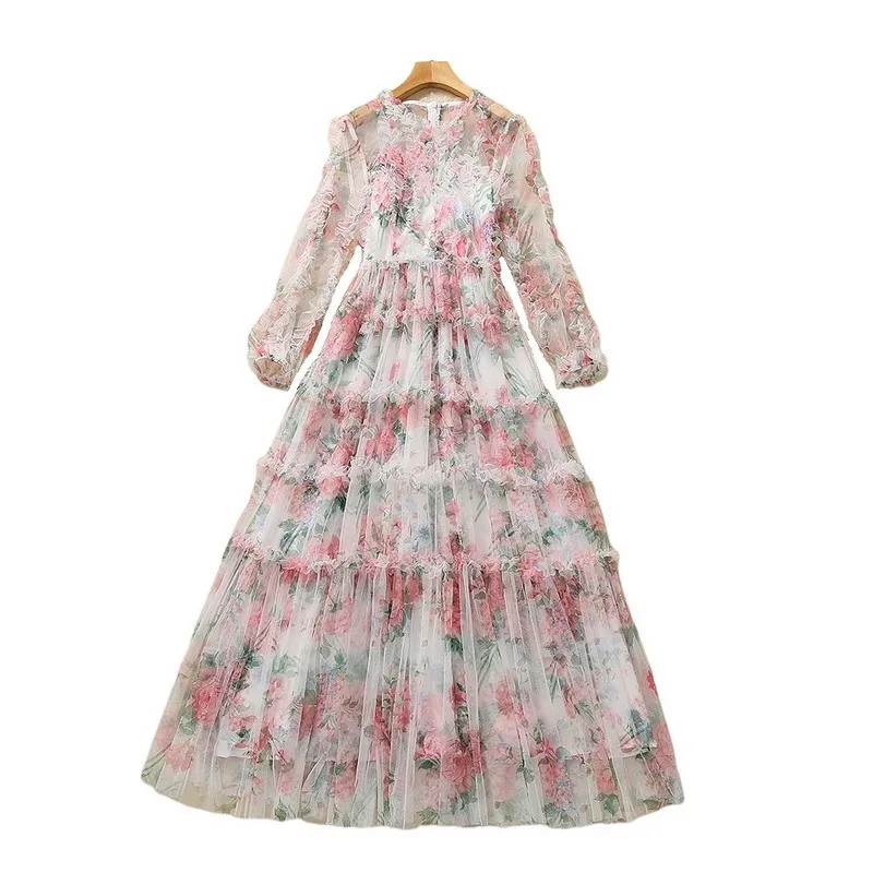 2022 verão de manga longa pescoço redondo rosa estampa floral pura tule com painéis longos maxi vestidos elegantes vestidos casuais 22q192317 xxl plus size