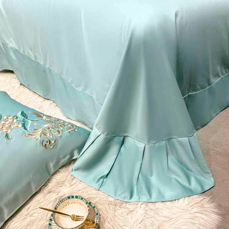 4-teiliges Bettwäsche-Set aus Satin-Baumwolle, Stickerei, Patchwork, Bettwäsche, seidig weich, Bettlaken, Kissenbezüge, Queen-Size-Bett