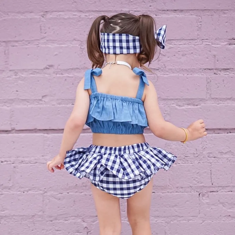 Mode geboren kleding sets baby meisje sling ruche crop top meisjes plaid mini rok hoofdband 3 stcs outfits kleding 220608