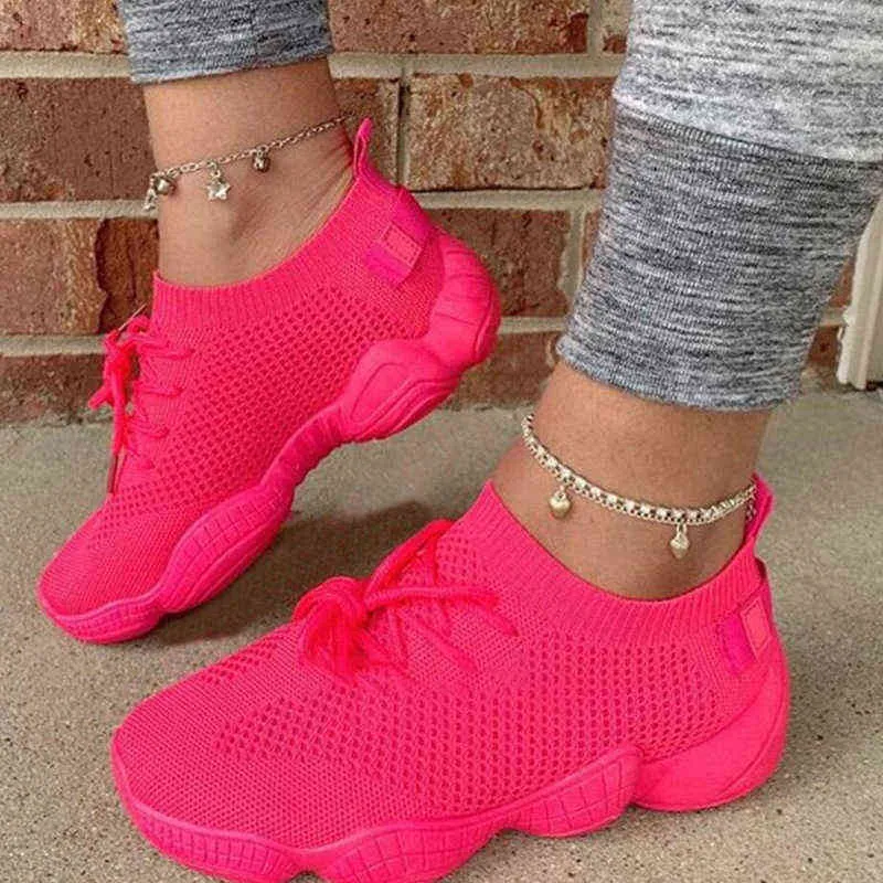 Air Mesh Women Sneaker Sock Shoes Summer Breathable Cross Tie Platform Round Toe Casual Fashion Sport Lace Up Flats Shoes Women Y220427