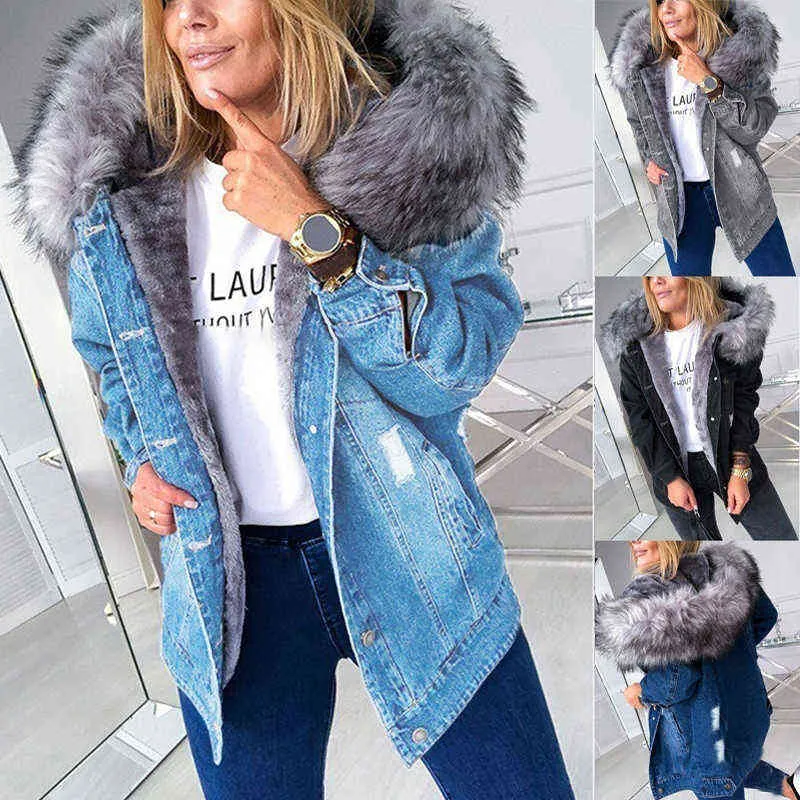 Jackets For Women Winter Parka Jacket Clothing Large Faux Fur Collar Denim Hooded Warm Jean Basic Short Parka Female Bomber Jacket L220725