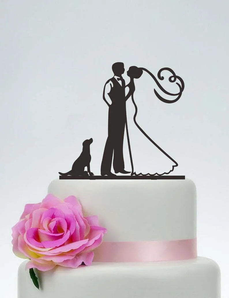 Décoration personnalisée en acrylique pour marié et mariée, avec le chien, décoration de gâteau de mariage, Silhouette de couple, 220618