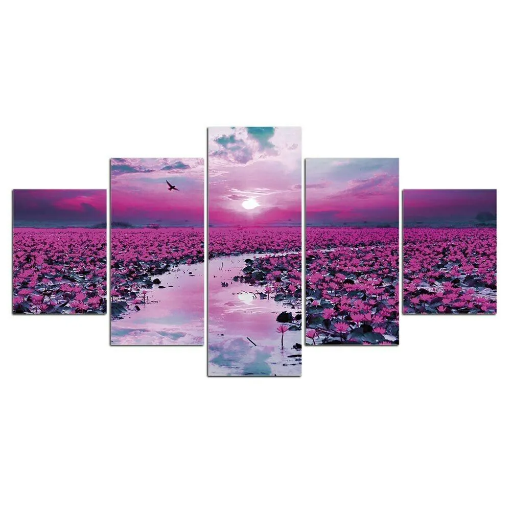 夢の紫色の蓮の花の池のキャンバス写真印刷壁アートキャンバス絵画壁の装飾リビングルームの飾り付け