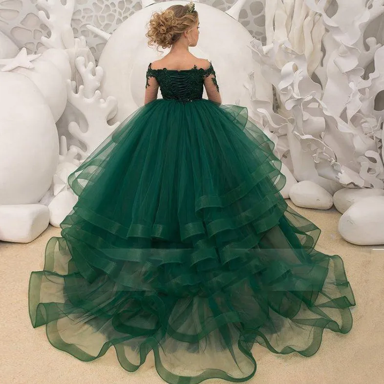 2122 Cute Flower Girl Dresses For Wedding off shoulder green Lace Floral Appliques Tiered Skirts Girls Pageant Dress Kids Birthday Party Gowns