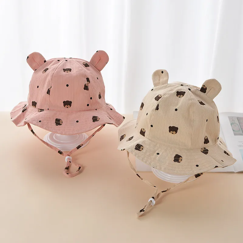 Nuevo sombrero de cubo para bebé con orejas de oso de dibujos animados bonito, gorros de sol para niños y niñas de verano al aire libre, sombreros de pescador para niños pequeños