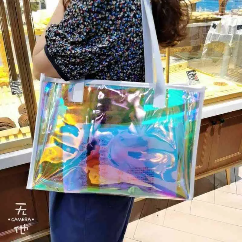 Cute Holo Transparent Bag For Women Laser Clear Handbag Holographic Pvc Candy Beach Waterproof Shoulder Jelly Femme Bolso 220427292i