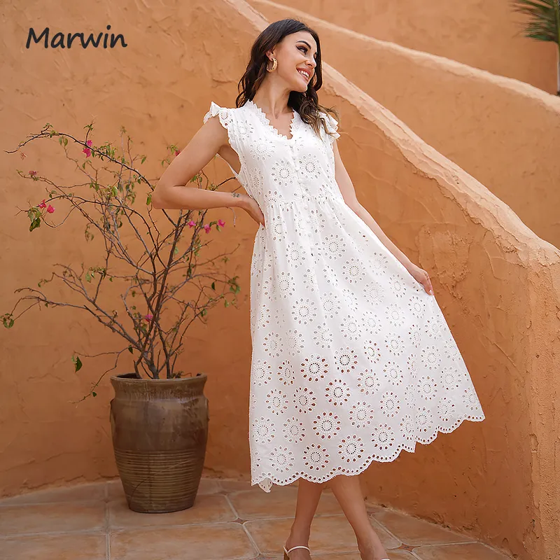 Marwin Lange Eenvoudige Casual Solid Hollow Out Puur Katoen Vakantie Stijl Hoge Taille Mode MidKalf Zomerjurken Vestidos 220705